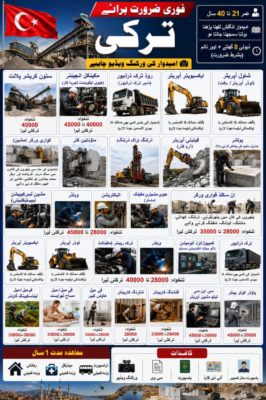 🇹🇷 فوری ضرورت برائے ترکی مشہور و معروف 🇹🇷