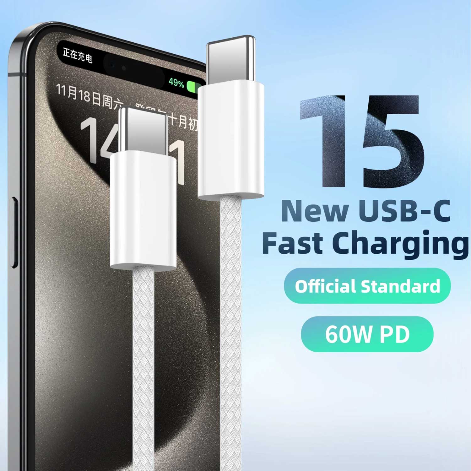 Iphone Pd 60w Fast Charging Nylon Type-c To C Cable For Iphone 15 Pro Max