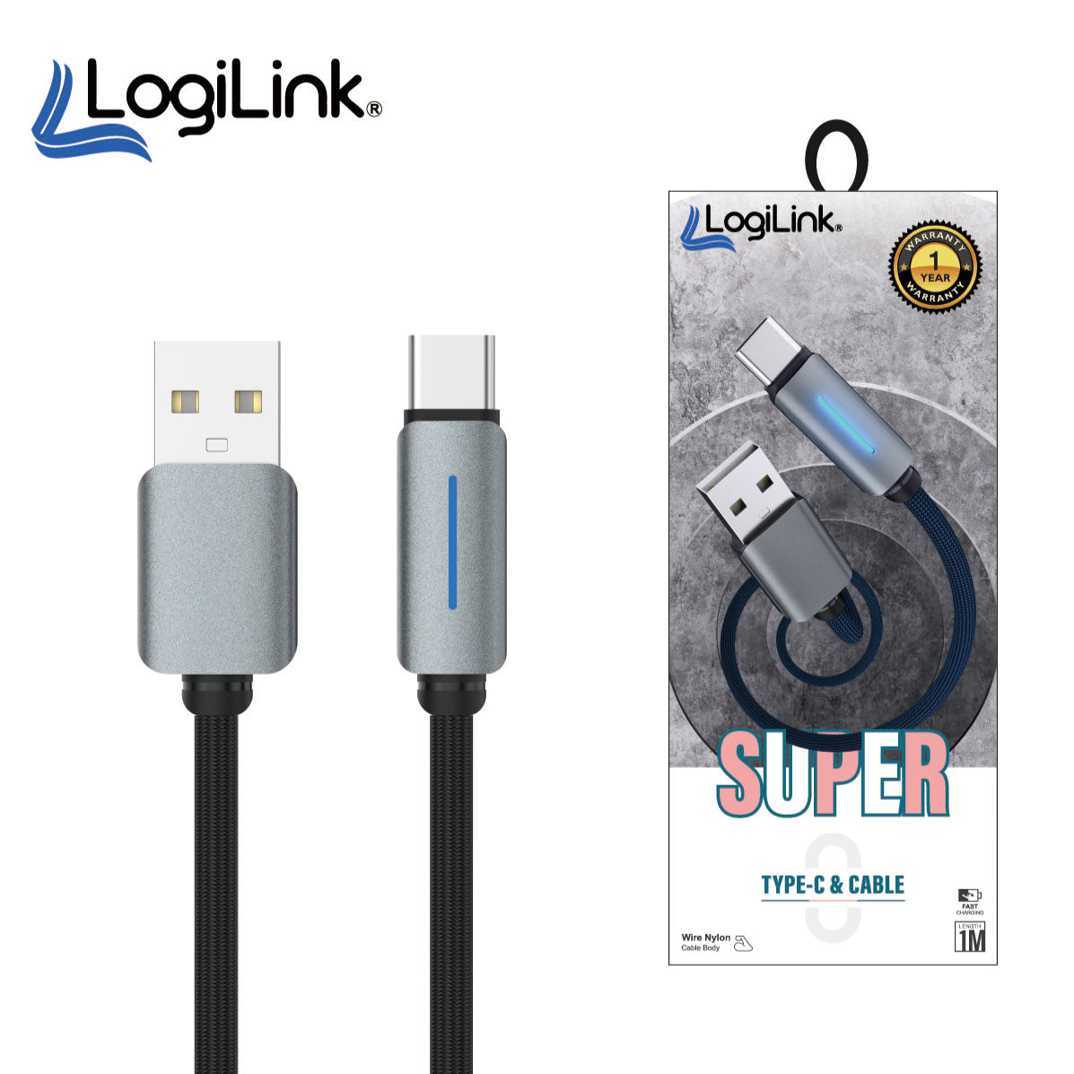 Logilink Usb To Type C Nylon Fast Charging Data Cable With Light 1m (1 Year Warranty)