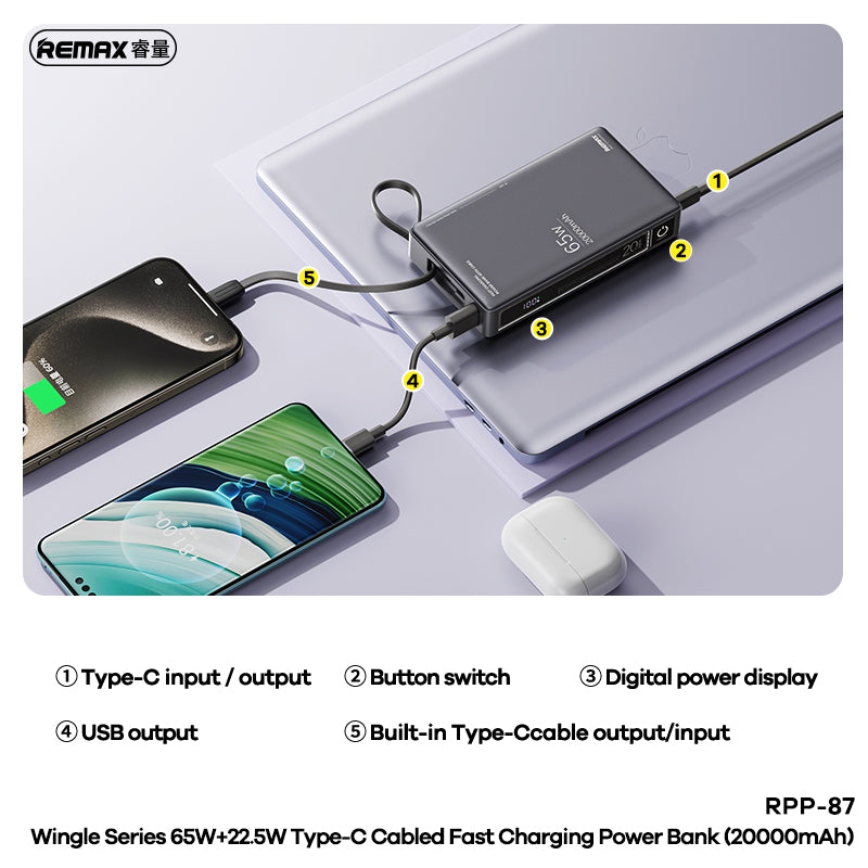 Remax Rpp-87 Wingle Series 65w+22.5w Laptop And Moblie Fast Charging Power Bank 20000 Mah Gray