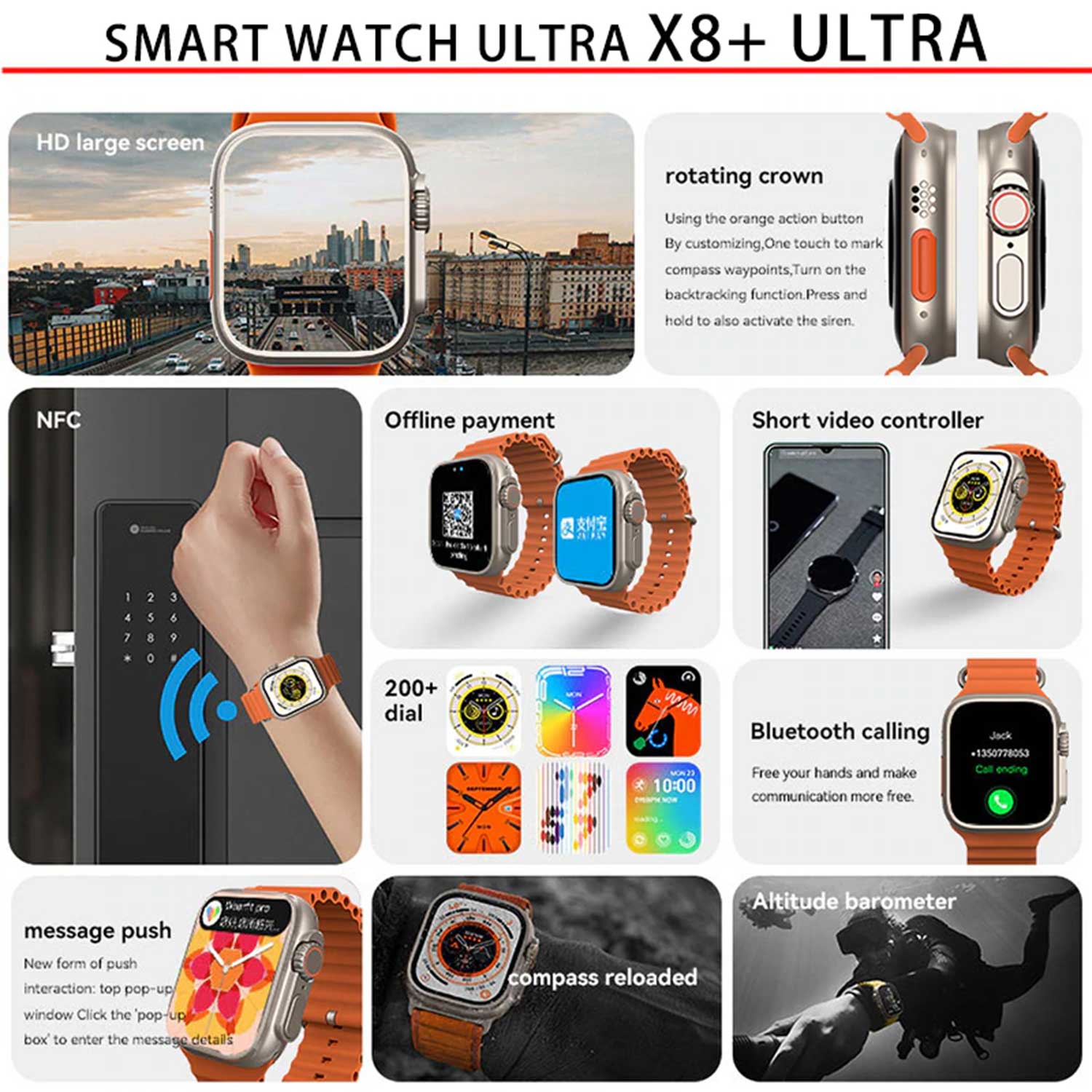 X8 Plus Ultra Smart Watch Series 8 Nfc 2.08 Inch Always-on Display & Wireless Charging 49mm With Wearfit Pro App Orange