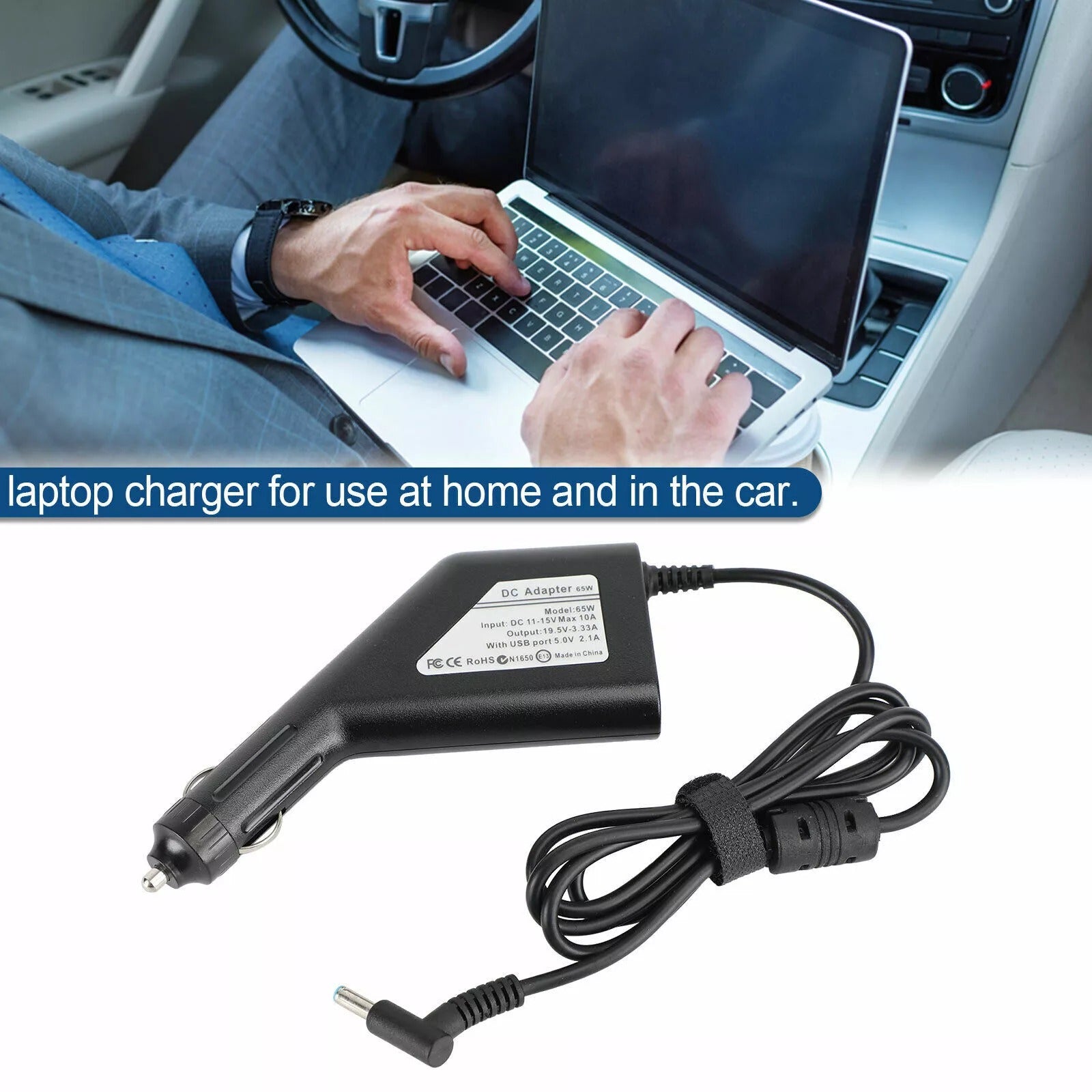 65w Hp Laptop Car Charger 4.5x3.0mm 19.5v 3.33a Blue Pin With Usb Port