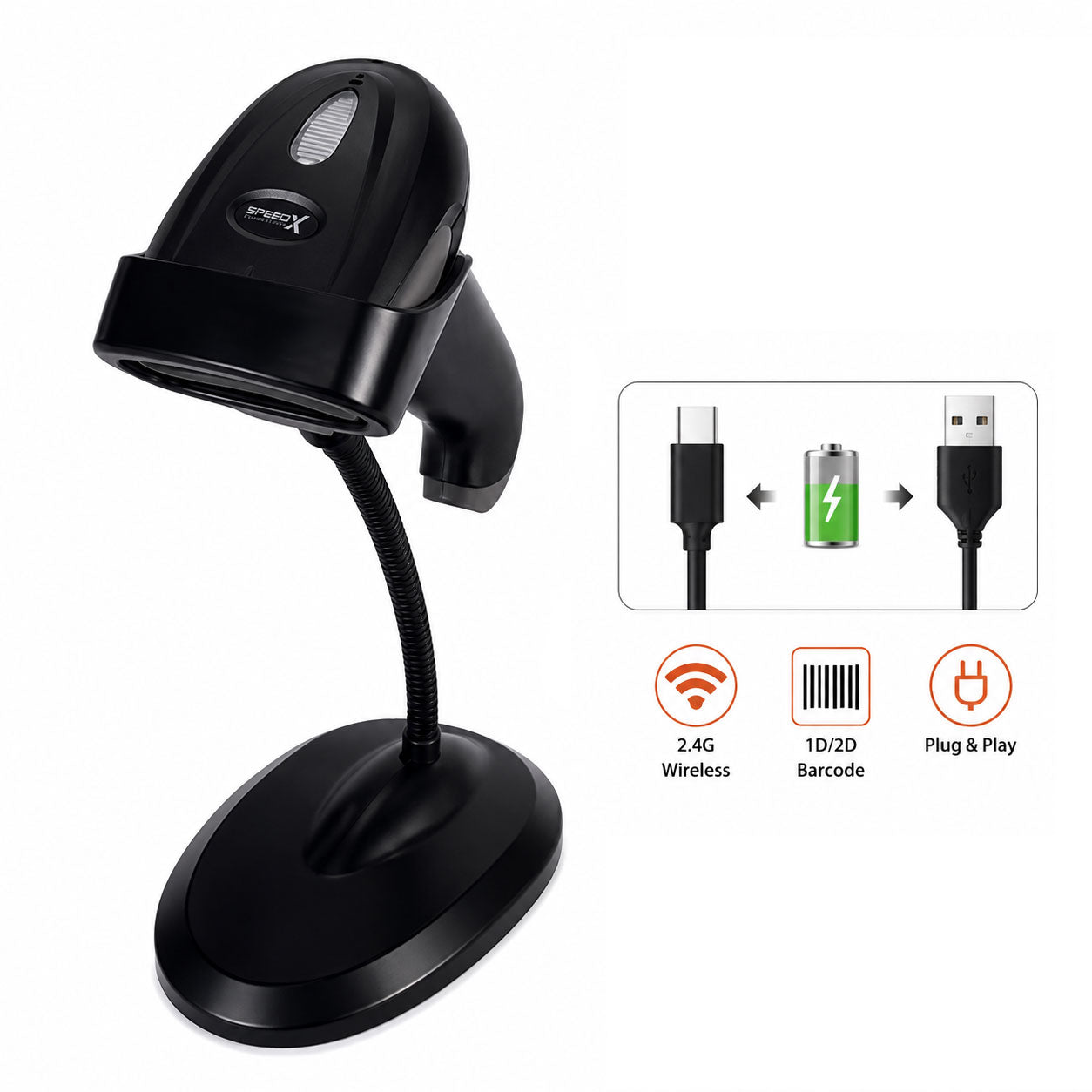Speed-x 60d 2d Wirless 2.4ghz Barcode Scanner With Stand