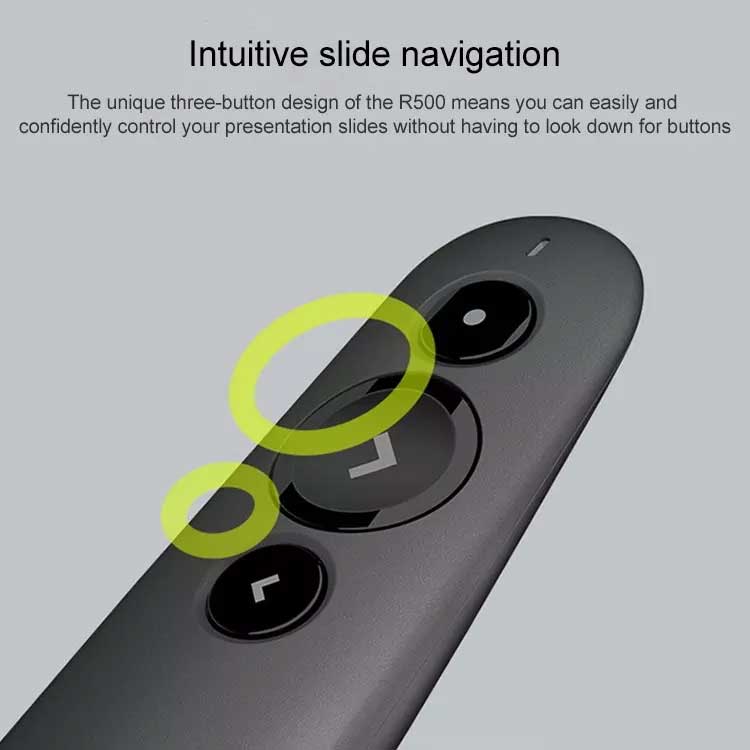 Logitech R500 Laser Presentation Remote Clicker With Dual Connectivity Bluetooth Or Usb For Powerpoint, Keynote, Google Slides, Wireless Presenter
