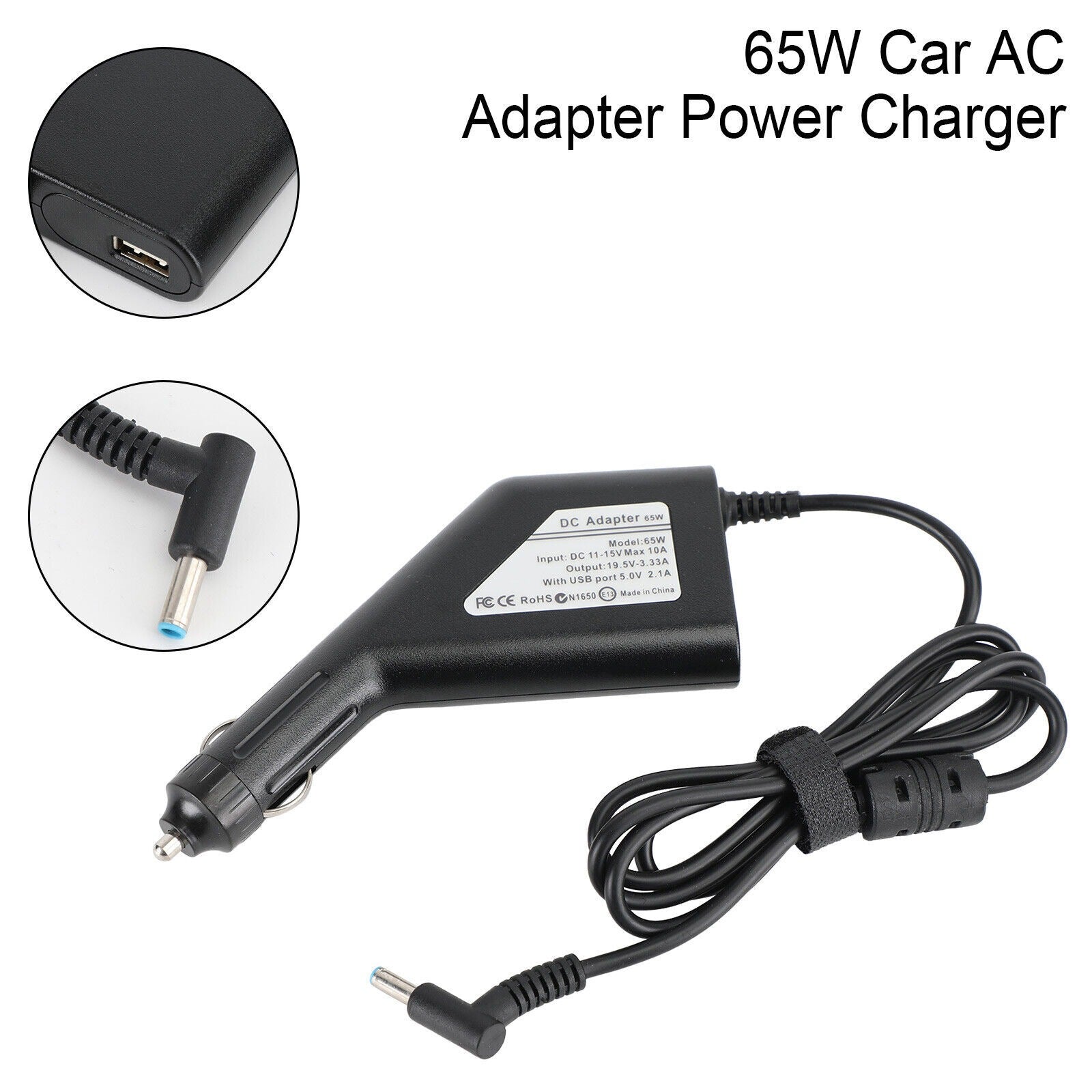 65w Hp Laptop Car Charger 4.5x3.0mm 19.5v 3.33a Blue Pin With Usb Port