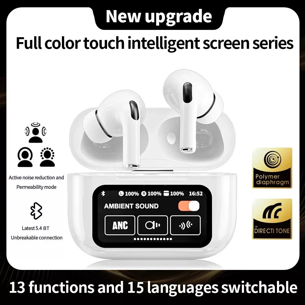 White New A9 Pro Apple Airpods Anc/enc Zhongkelqnxun Noise Reduction Touch Control Bluetooth 5.4 Wireless Earbuds