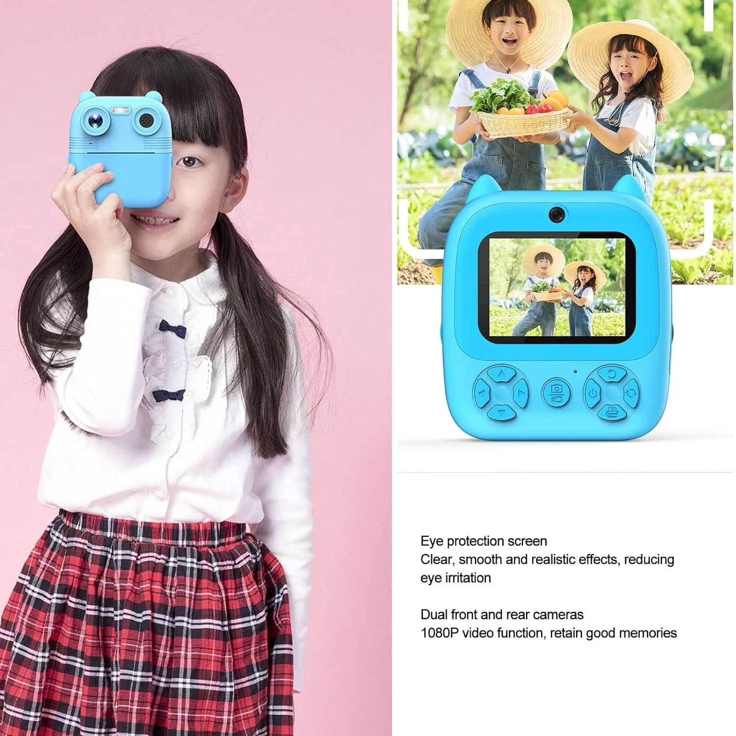 D8s Childrens Time Front/back Rear Hd Digital Thermal Print Camera 1080p 48mp Blue