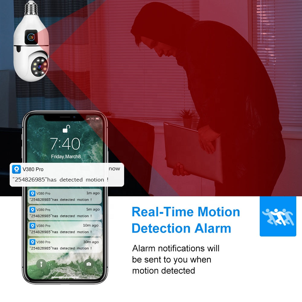 Speed-x Sp-e28-2 Dual Lens Bulb Camera 1080p Wifi Panoramic Night Vision Motion Detection With V380 Pro App