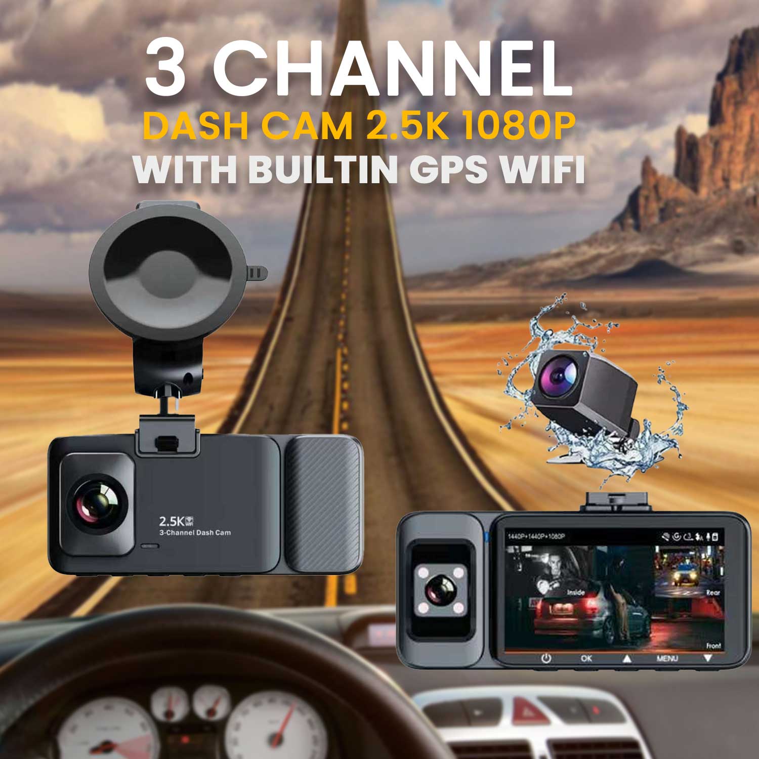 3 Channel K02 Dash Cam 2.5k 1080p With Builtin Gps Wifi