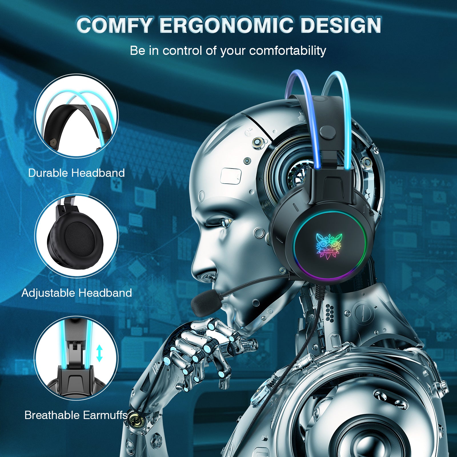 Onikuma-x15 Pro Rgb Head Beam With Mic, 3.5mm Wired Earphones, Durable Stereo Surround, Rgb Gaming Headset