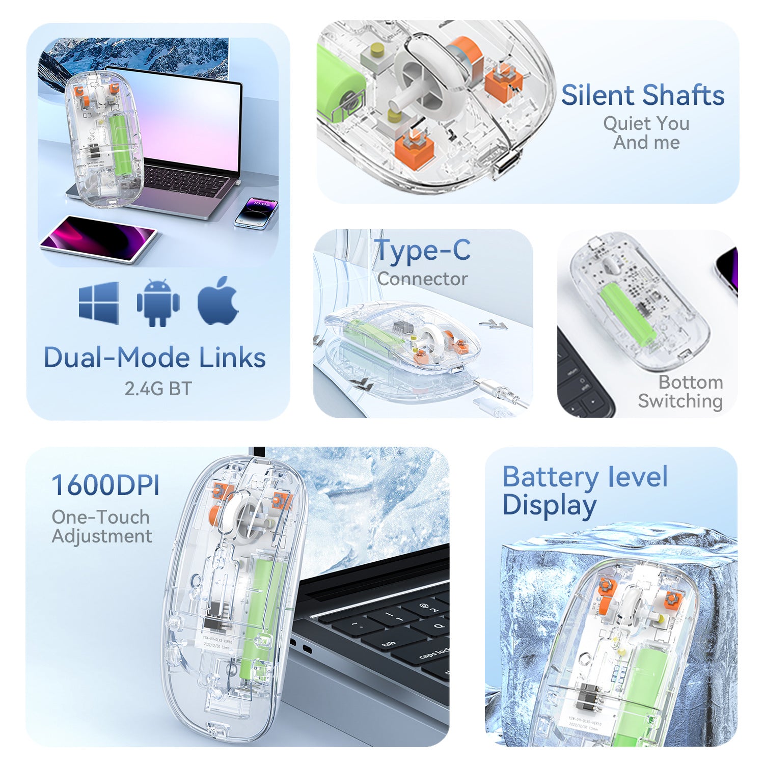 New Transparent Wireless+bluetooth Dual-mode Rechargeable Mouse