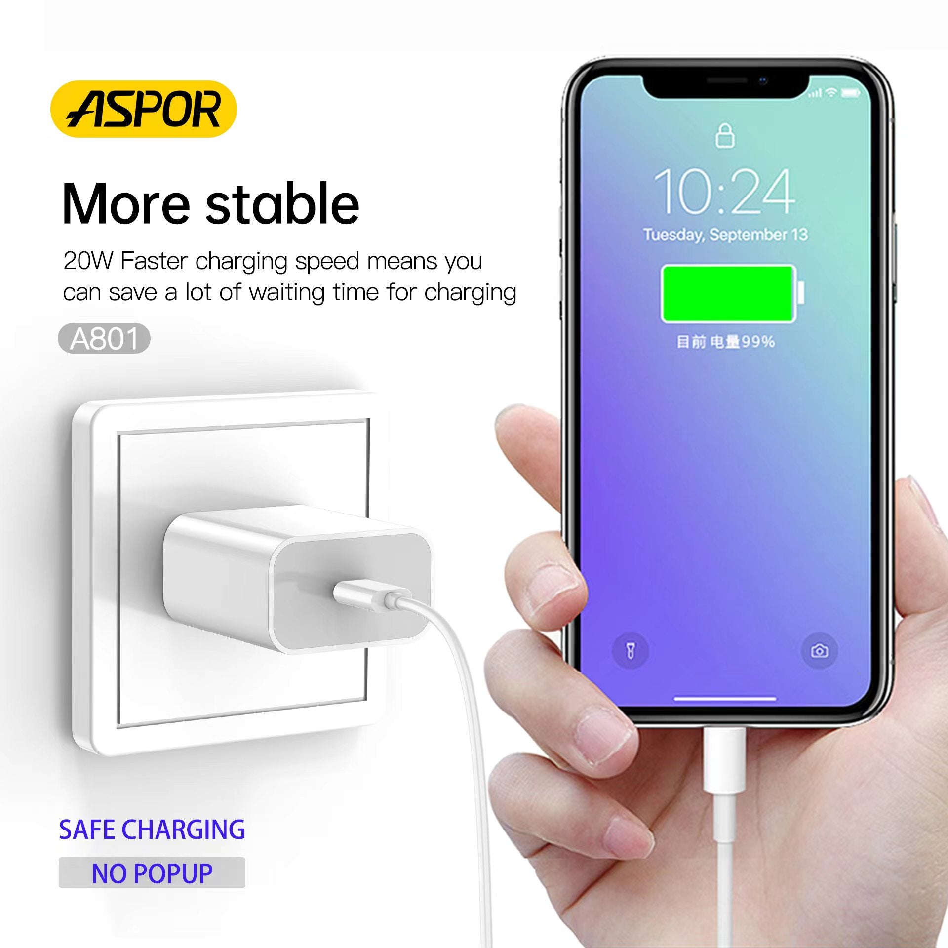 Aspor A801 New 20w Us Pin Usb-c Fast Charging Qc 3.0 White