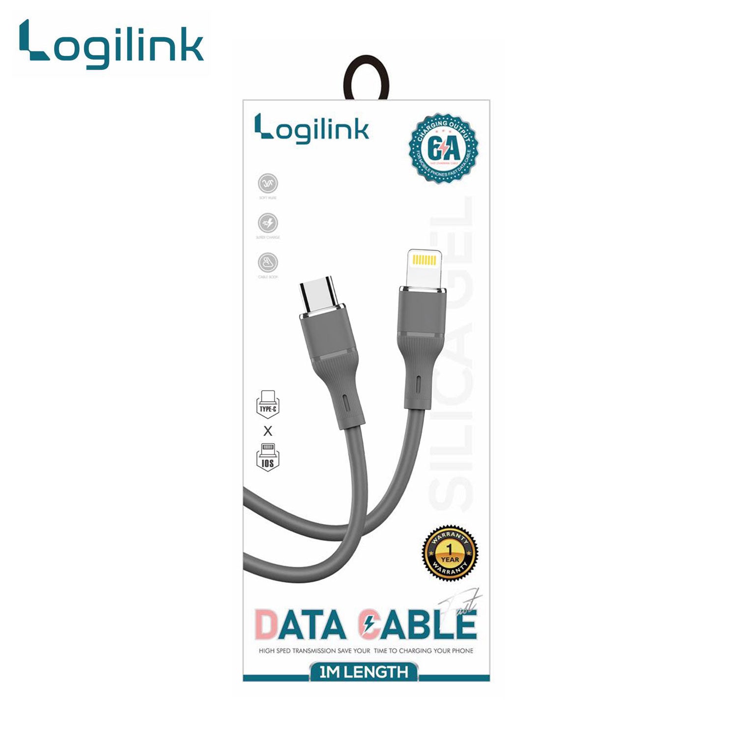 Logilink Type C To Lightning Silicone Fast Charging Data Cable 1m (1 Year Warranty) Grey