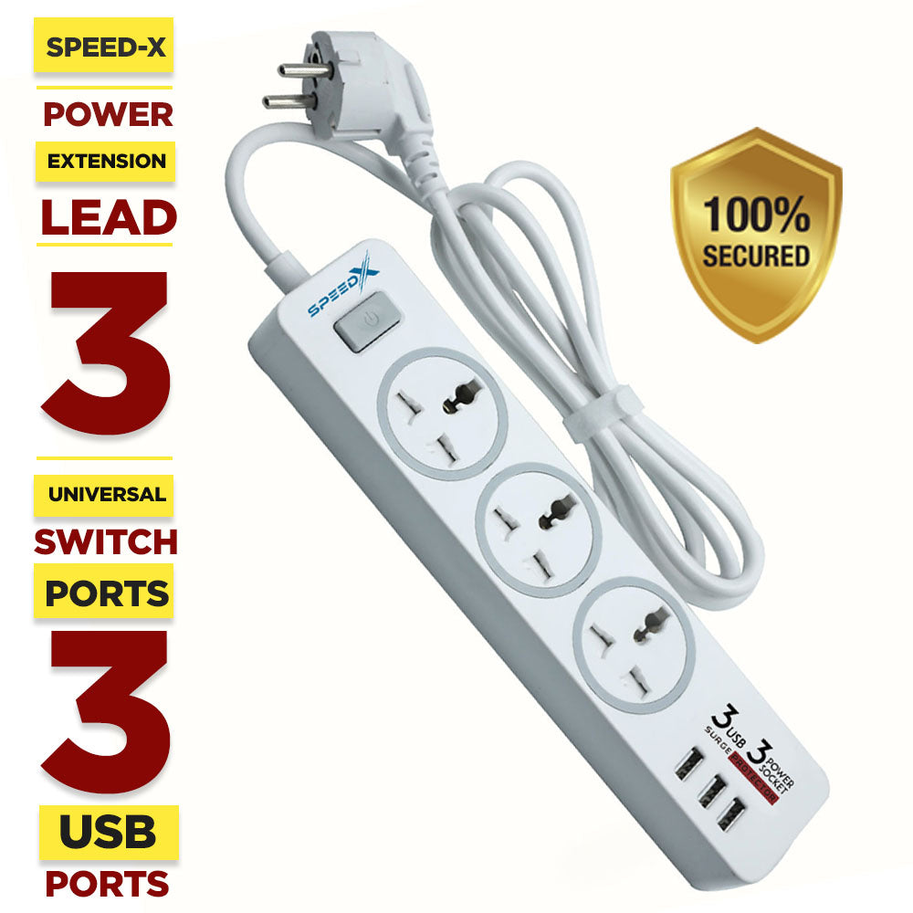 Speed-x 303pu Premium Portable Power Strip 3socket+3usb Port Cabel Length 2m