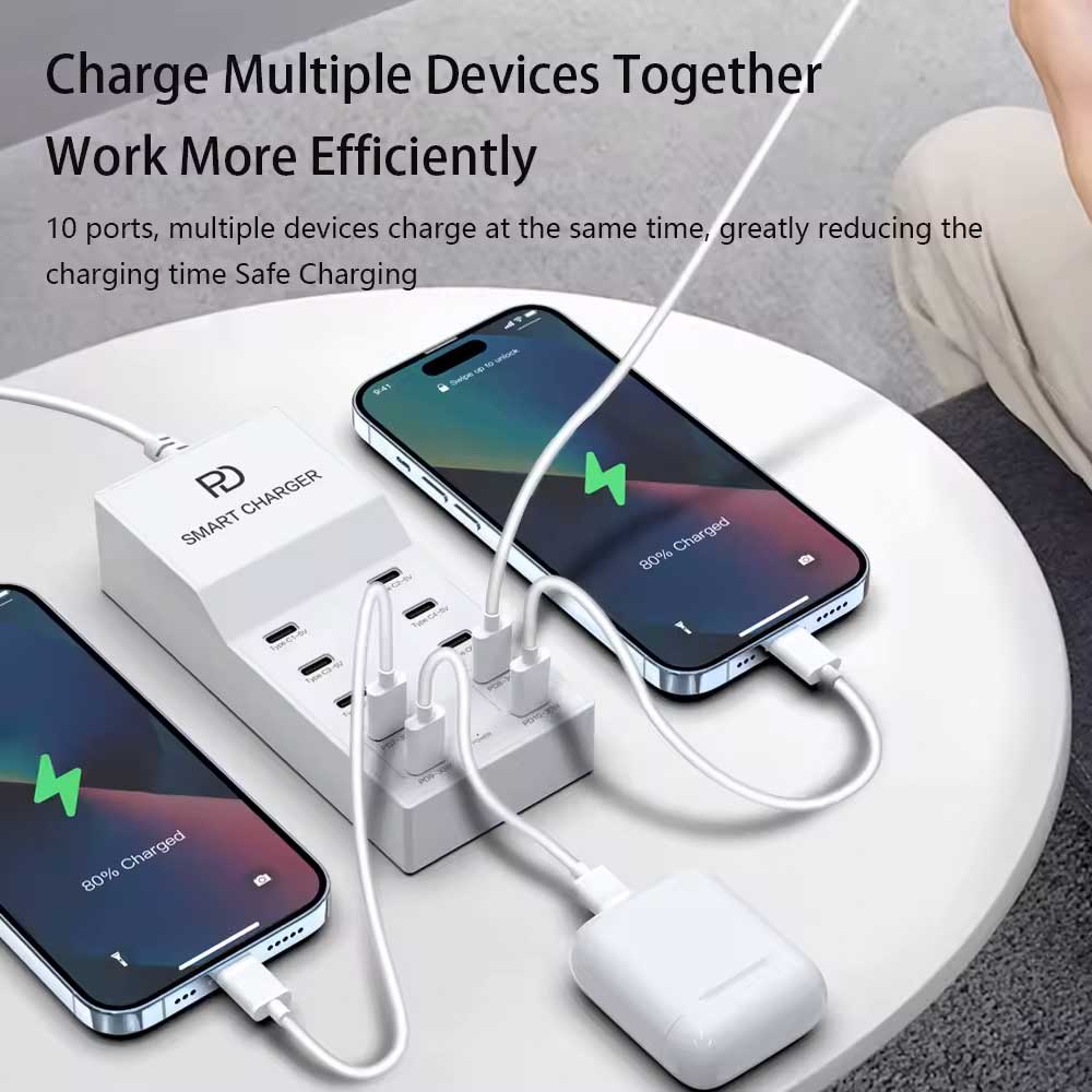 T8+ Smart Intelligence Usb-c 10-port Charger 72w Total Output For Multi Devices