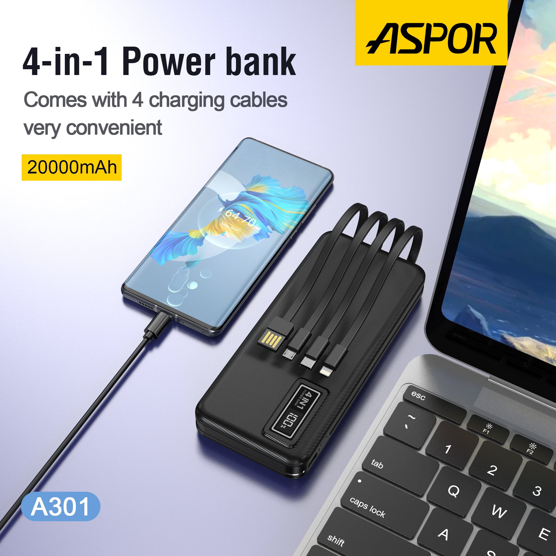 Aspor A301 4 In 1 Power Bank 20000mah With Lcd Digital Display