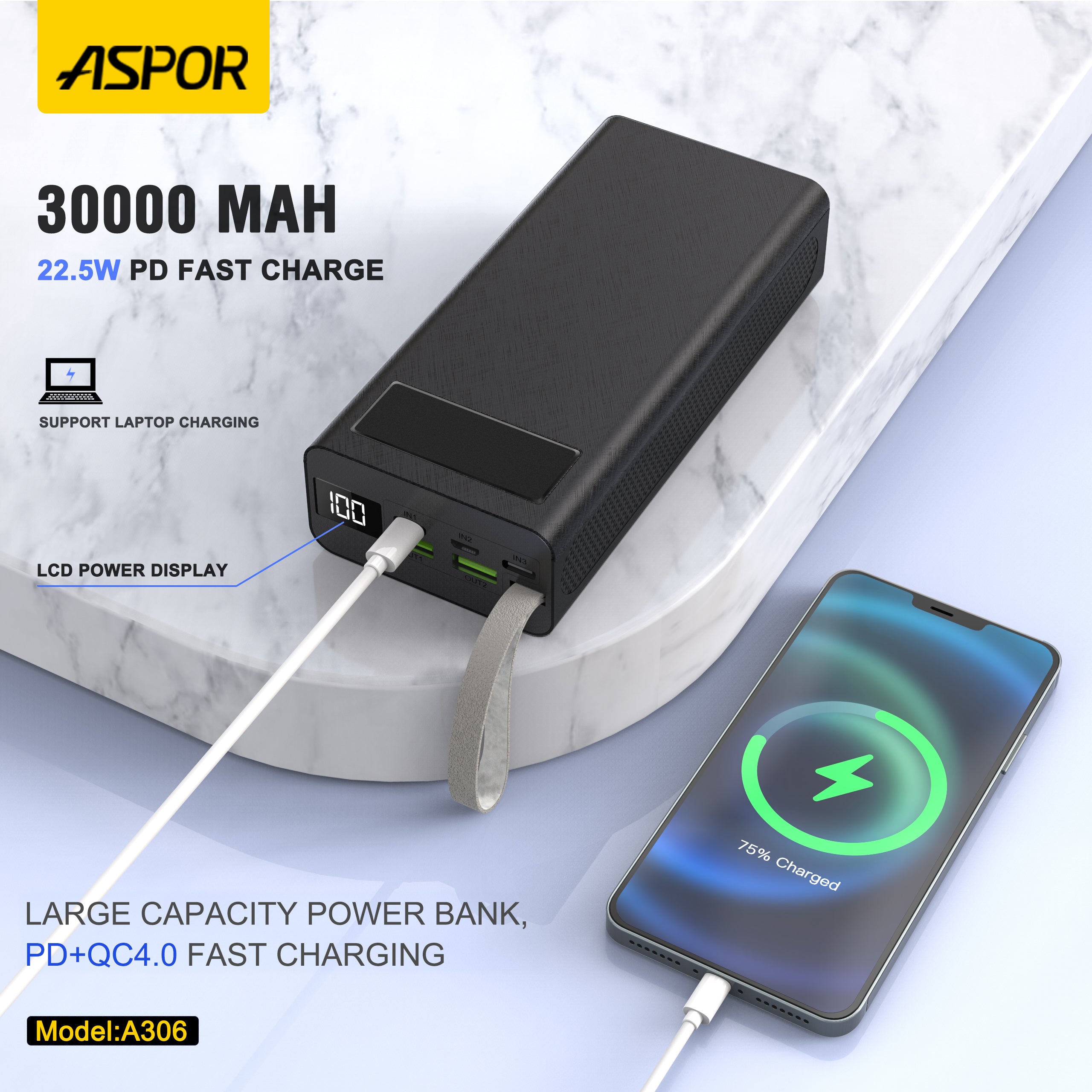 Aspor A306 Big Capacity Of 30000mah Power Bank Lcd Display 22.5w And 20w Pd