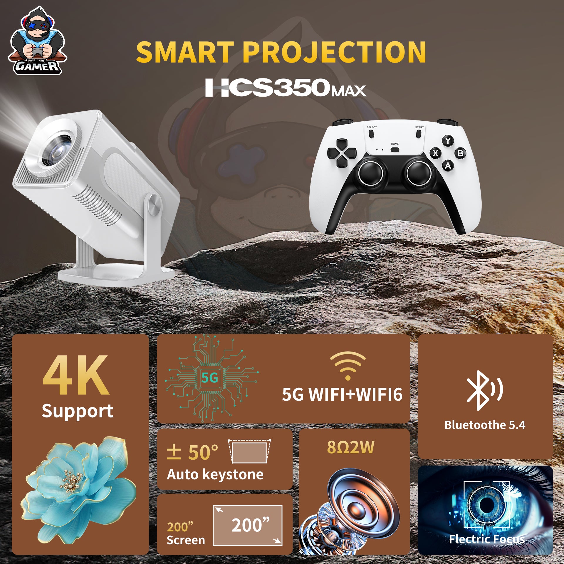 Hcs350 Max Latest Allwinner H713 4k Android 11 High Lumen 1gb+8gb Wireless Smart Projector With Wireless Gamepad