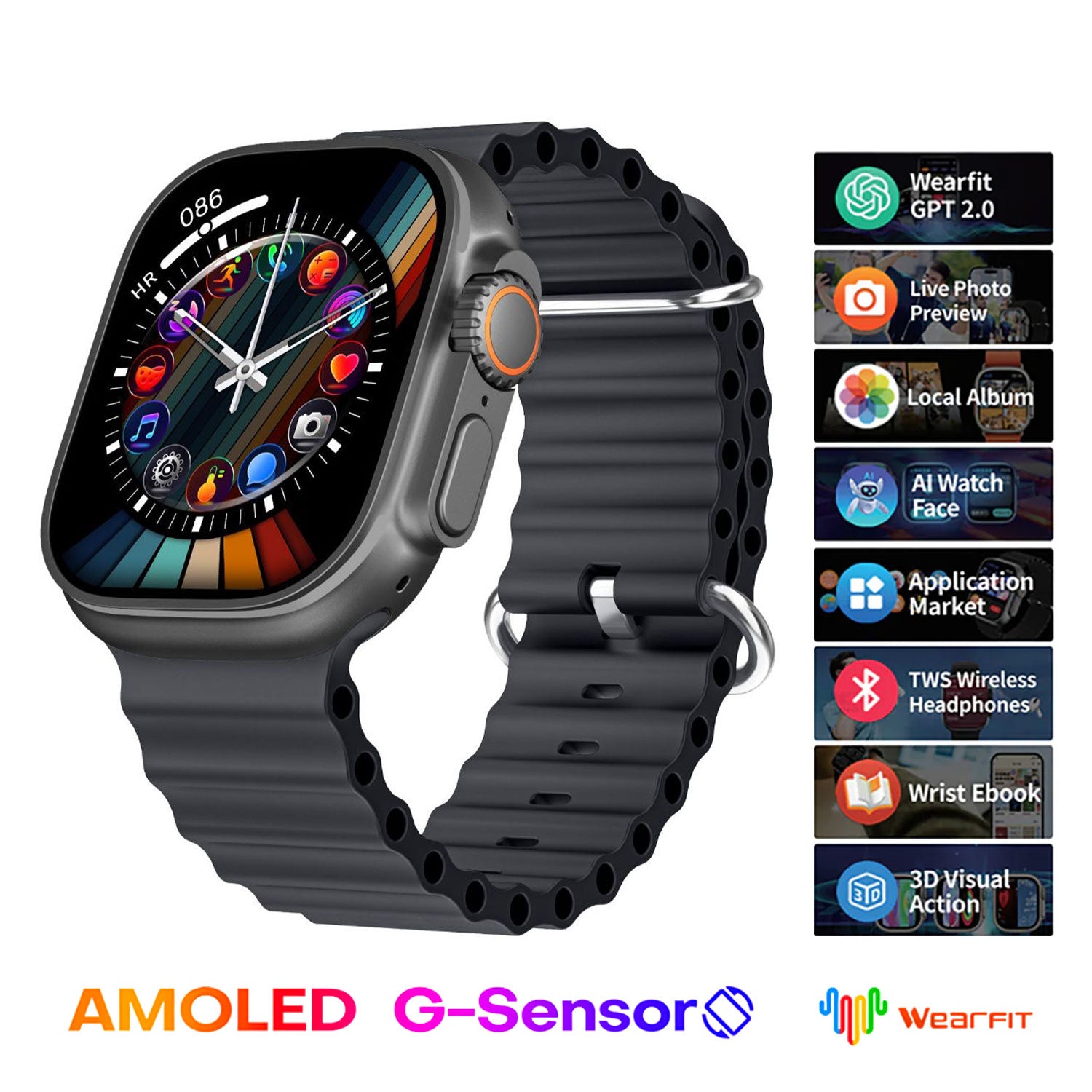 Hk10 Ultra 3 2.02 Amoled Display G-sensor Ai Features With Wearfit Pro App 2 Straps Black