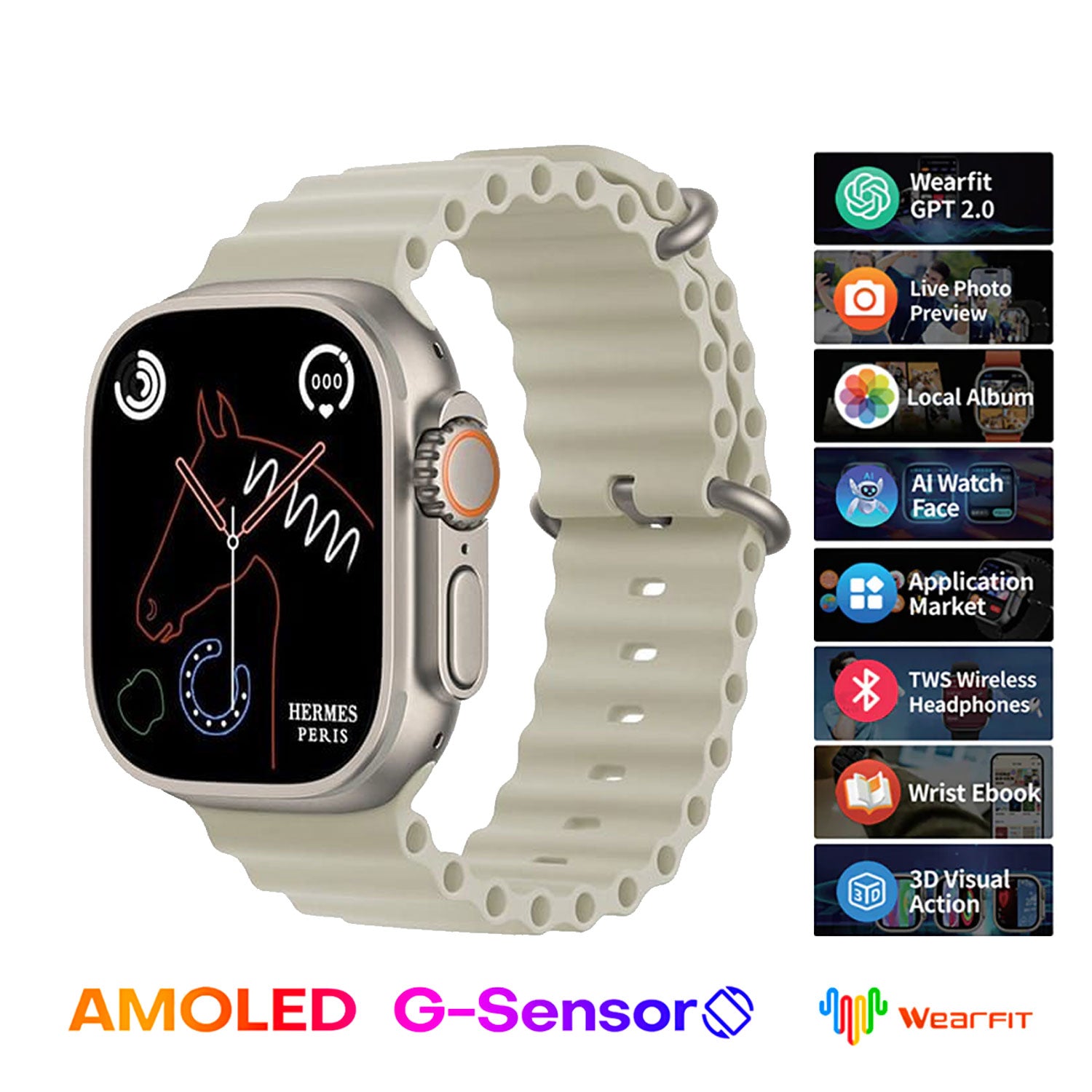 Hk10 Ultra 3 2.02 Amoled Display G-sensor Ai Features With Wearfit Pro App 2 Straps Silver