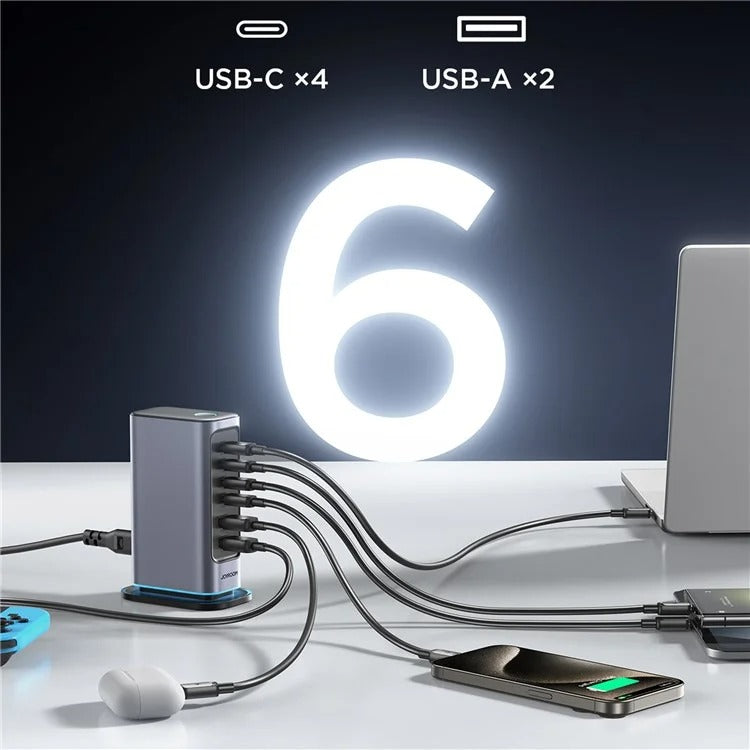 Joyroom Tcm02 65w 6 Port Eu Plug Usb Desktop Charger Gan Fast Charging Station Hub