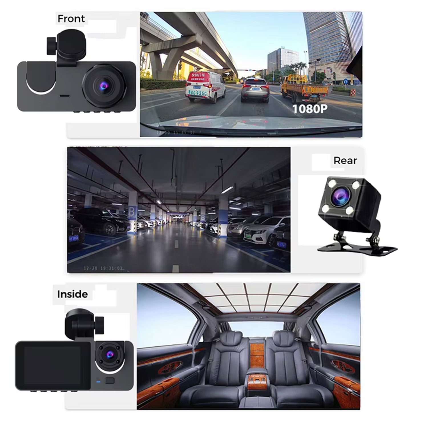 Y15 3-channels Wifi Dash Cam 1080p Hd Night Vision Reverse Camera With Parking Monitor