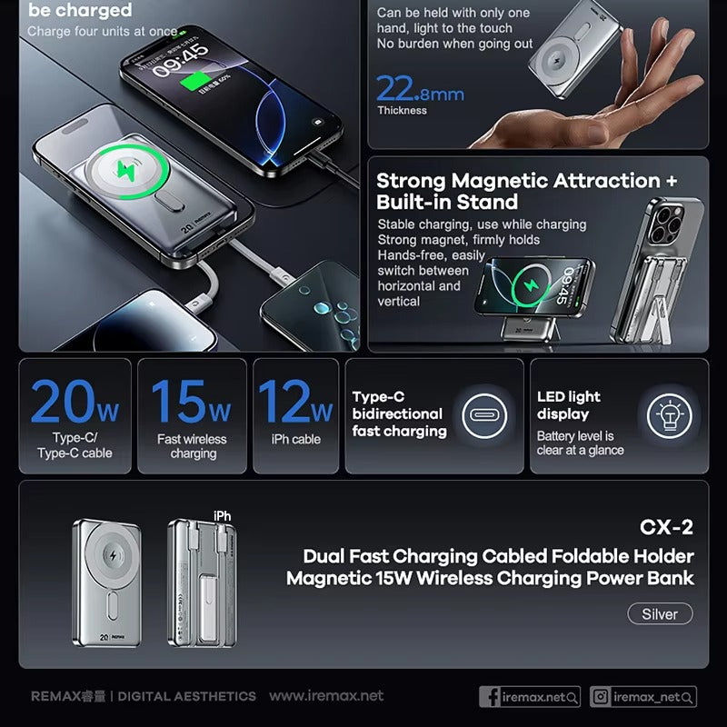 Remax Cx-2 10000mah 15w Wireless Power Bank With Stand Silver
