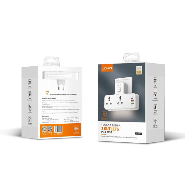 Ldnio Sc2311 20w Pd Fast Charging 2500w Power Extension Touch Night Lamp 2 Sockets 1 Usb-c +2 Usb-a