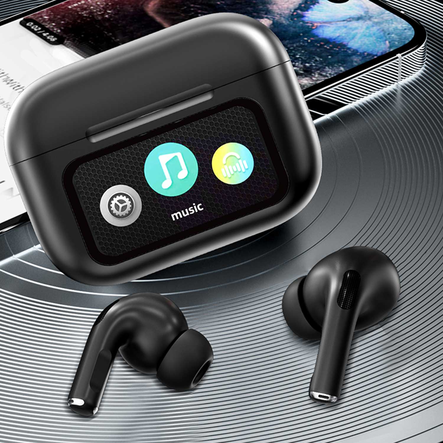 A9 Pro App Anc/enc Display Touch Control Bt 5.4 Wireless Earbuds With Zwsvibe App Black
