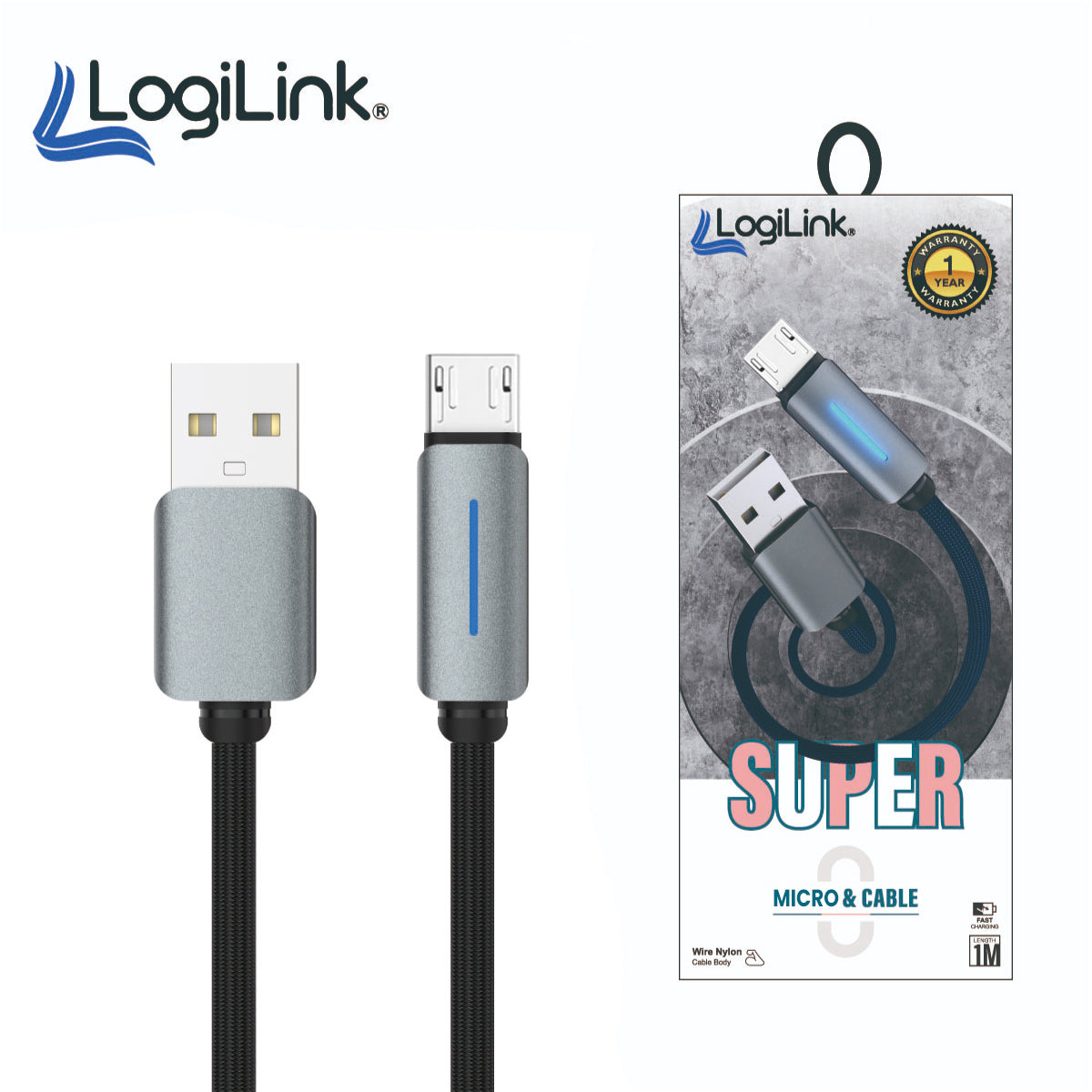 Logilink Usb To Micro Nylon Fast Charging Data Cable With Light 1m (1 Year Warranty)