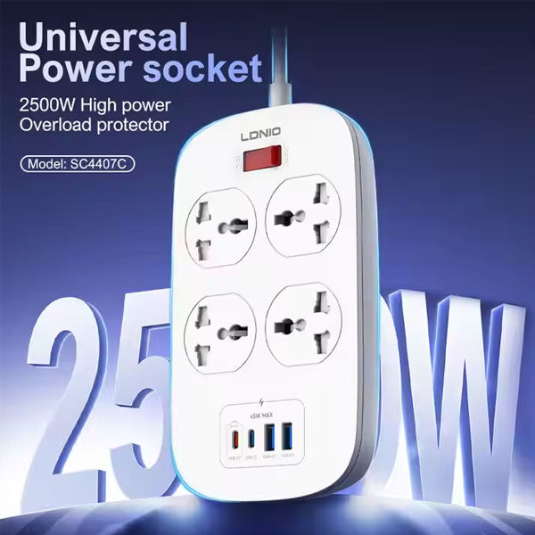 Ldnio Sc4407c 2500w Power Extension 4 Sockets 2 Usb-a + 2 Usb-c 2m