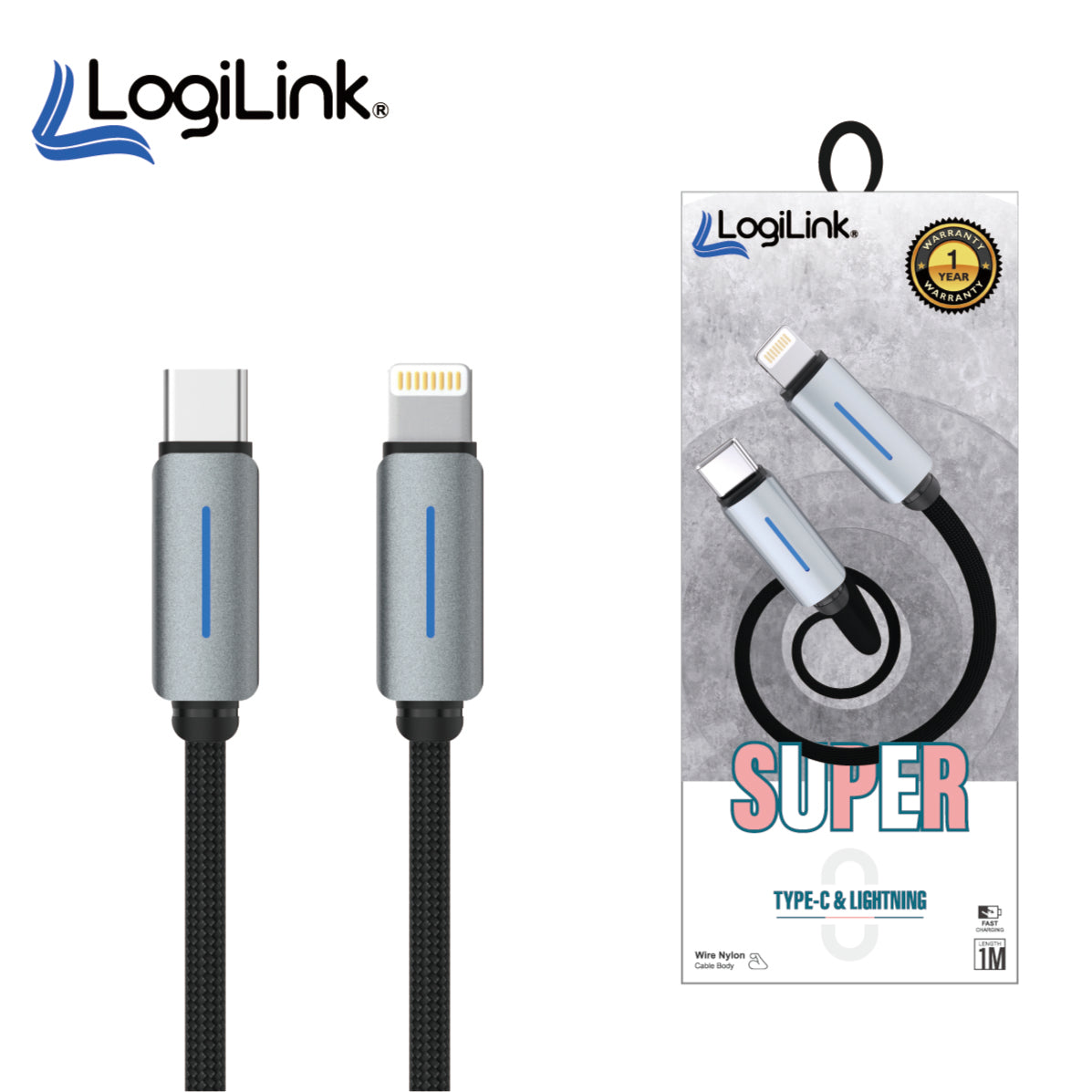 Logilink Type C To Lightning Nylon Fast Charging Data Cable With Light 1m (1 Year Warranty) Black