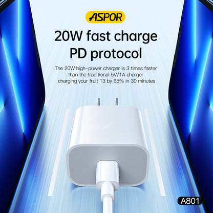Aspor A801 New 20w Us Pin Usb-c Fast Charging Qc 3.0 White