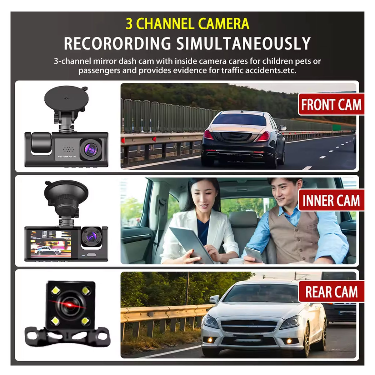 Y16 3 Channel Dash Cam Hd 1080p (170° Ultra-wide-angle A+ Lens) Front Rear Video