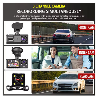 Y16 3 Channel Dash Cam Hd 1080p (170° Ultra-wide-angle A+ Lens) Front Rear Video