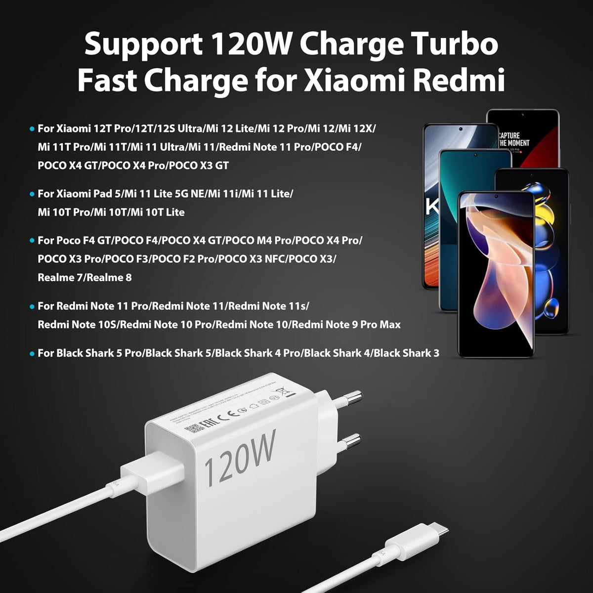 Xiaomi 120w Eu Plug Qc3.0 Fast Quick Turbo Charger With Cable
