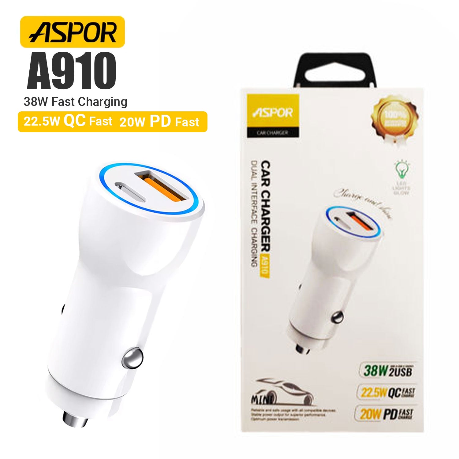 Aspor A910 Fast Car Charger Qc 3.0 Dual Aluminum Metal 38w Pd Portable