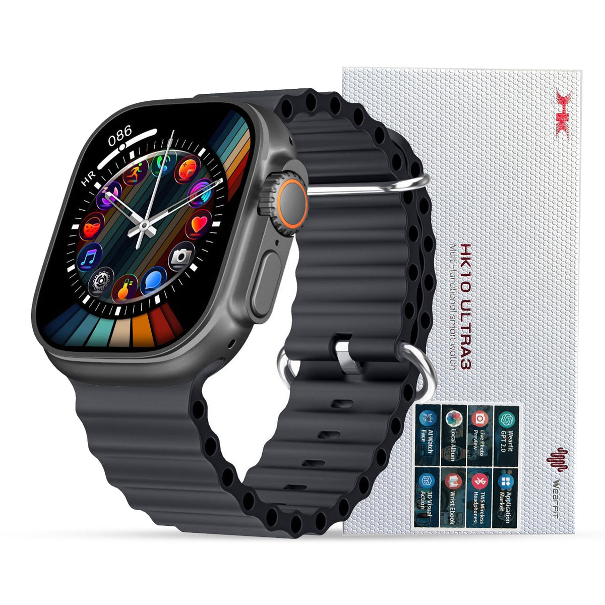 Hk10 Ultra 3 2.02 Amoled Display G-sensor Ai Features With Wearfit Pro App 2 Straps Black