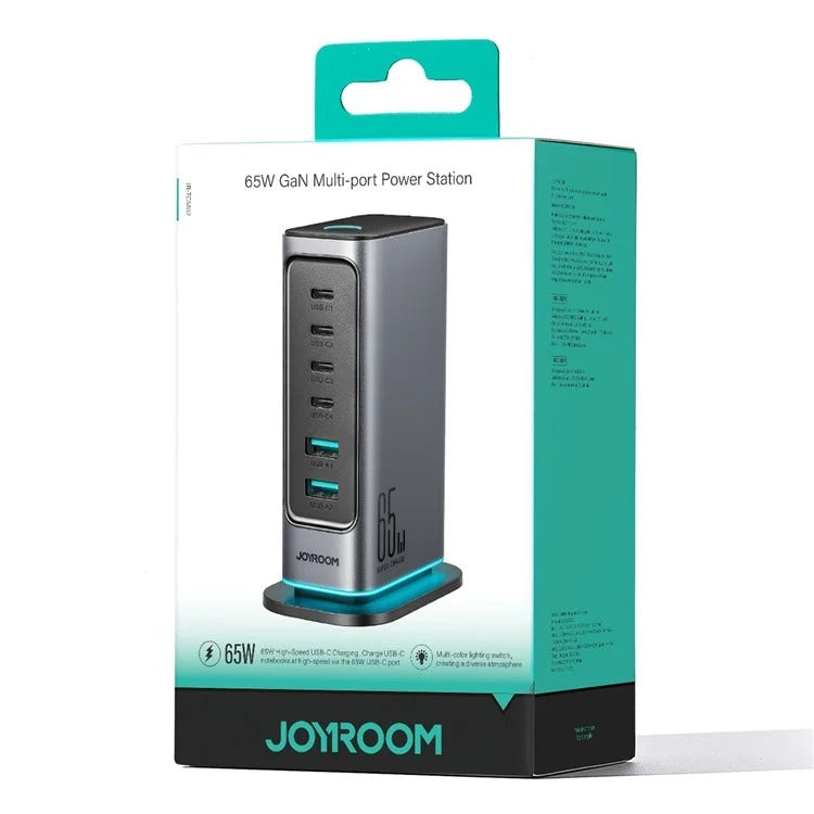Joyroom Tcm02 65w 6 Port Eu Plug Usb Desktop Charger Gan Fast Charging Station Hub