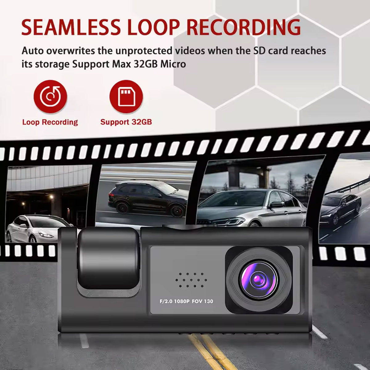 Y16 3 Channel Dash Cam Hd 1080p (170° Ultra-wide-angle A+ Lens) Front Rear Video