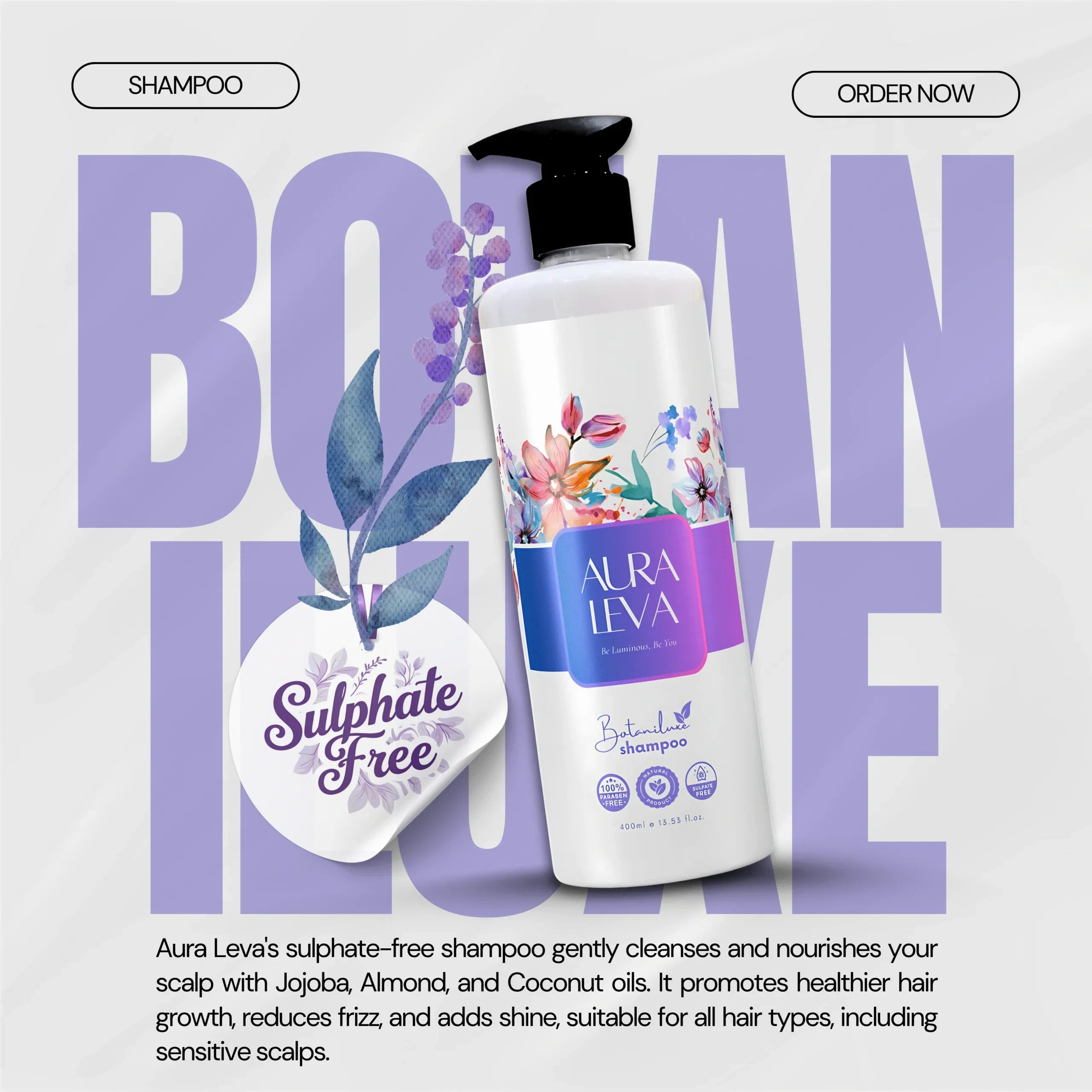 Botaniluxe Shampoo (400ml) With (Jojoba Oil, Almond Oil, Coconut Oil, D-Panthenol, Salicylic Acid, Keravis Protein)