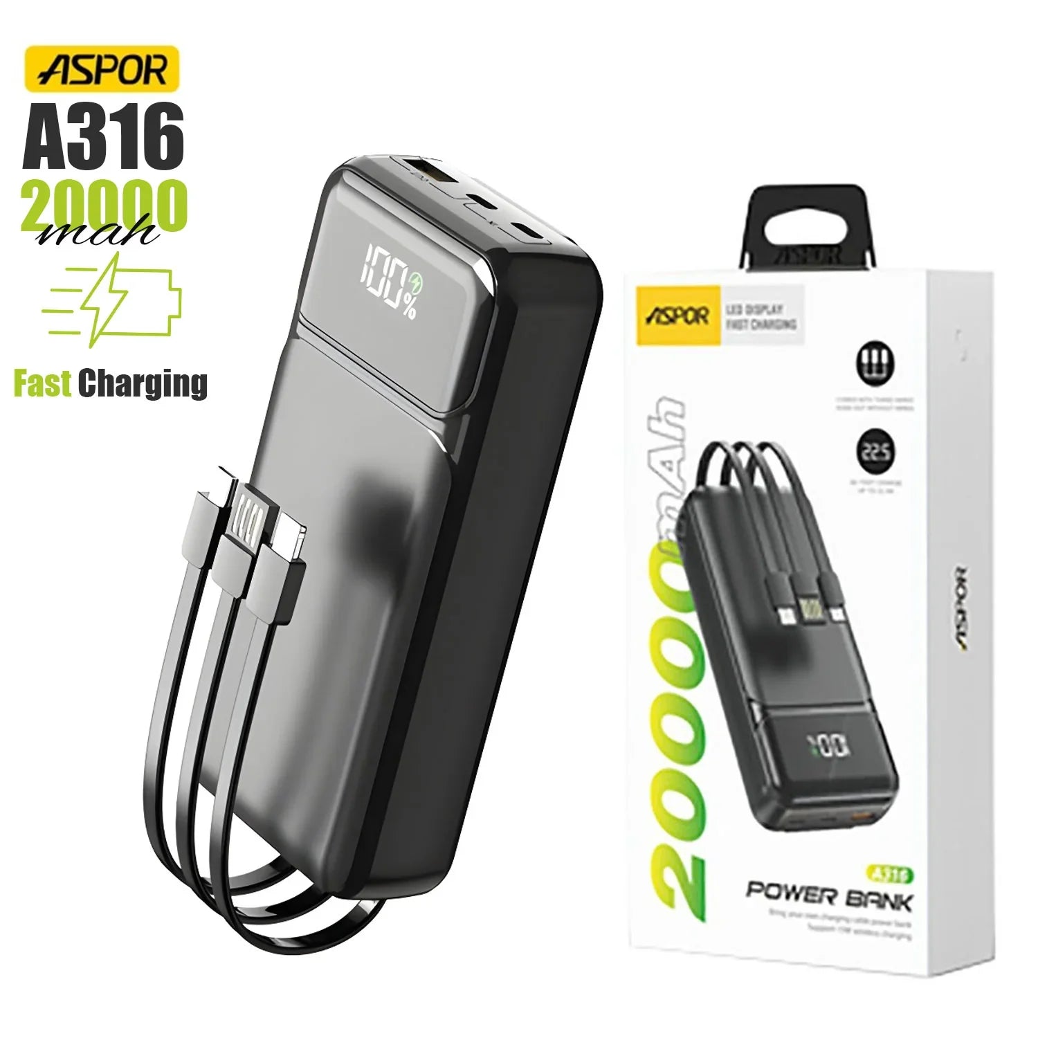 Aspor A316 20000mah 225w High Speed Built In Cable Fast Charging Power Bank Black