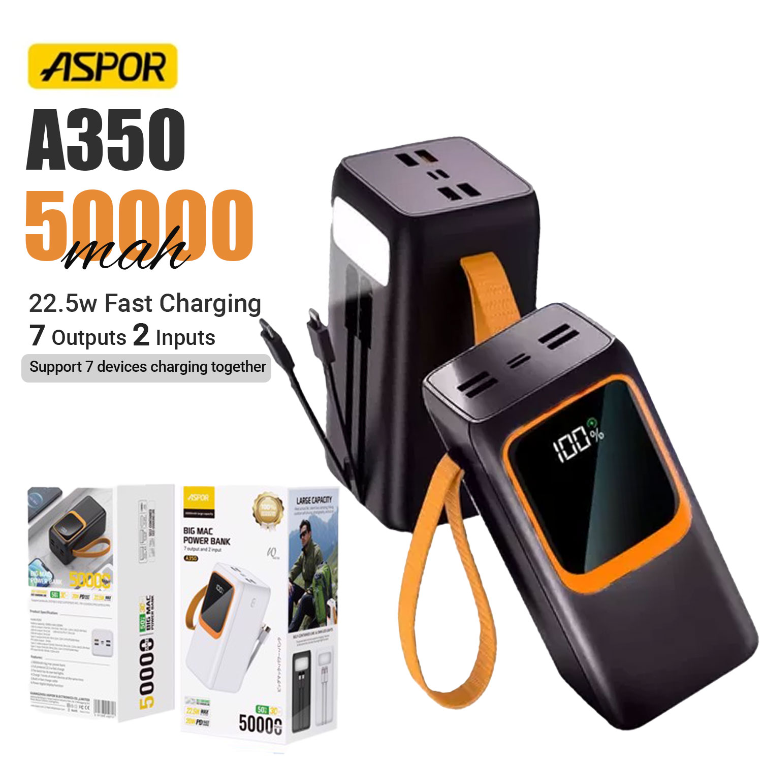 Aspor A350 22.5w 50000mah Fast Charging Type-c Micro Ios 7 Output With Built-in Flashlight Power Bank