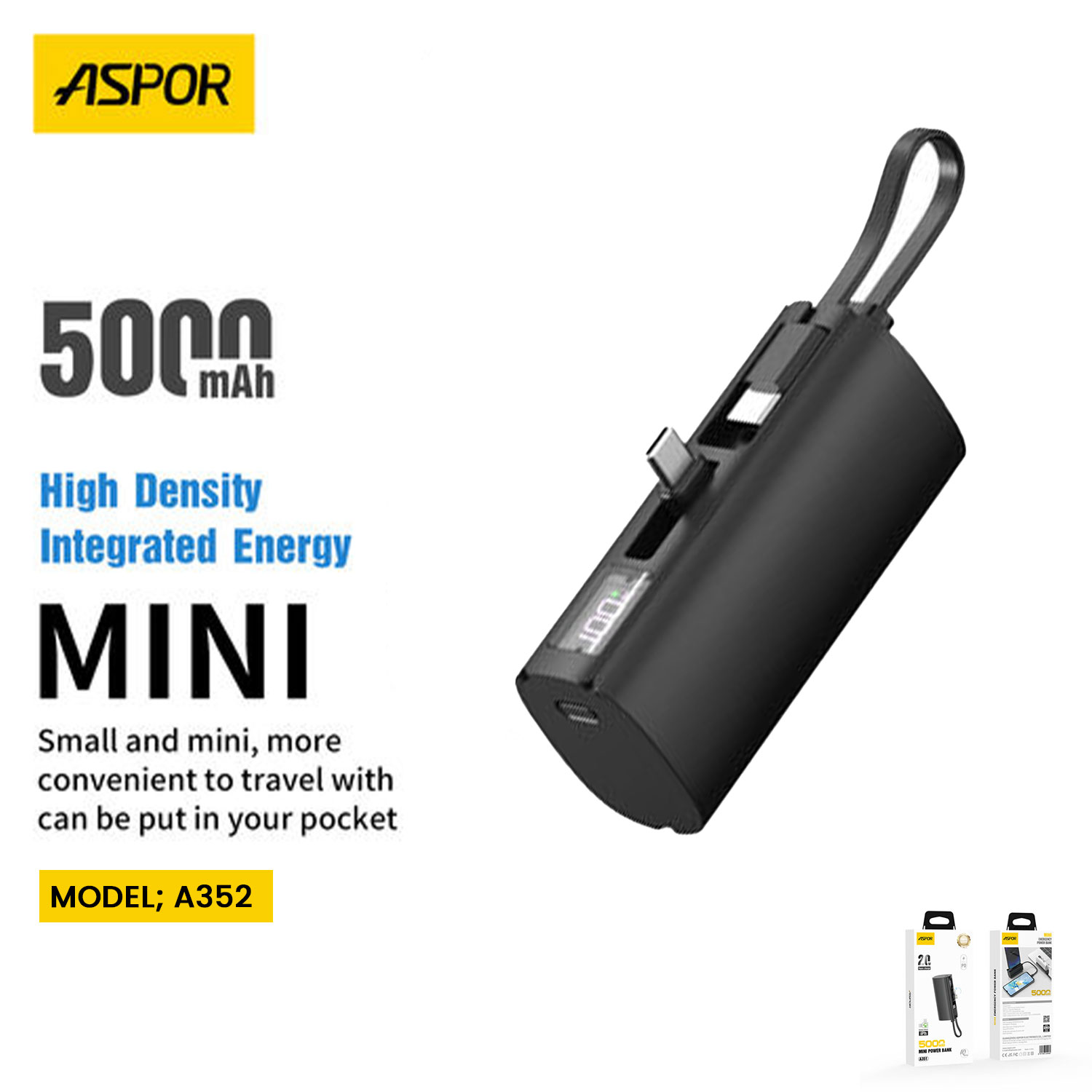 Aspor A352 2 Type-c Flexible Portable Mini 5000mah Power Bank