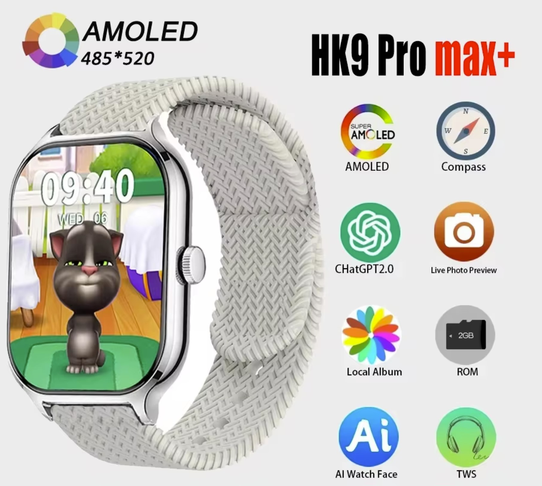 Hk9 Pro Max+ Smartwatch 2.02 Amoled Screen Support Local Music Tws Connection With Wearfit Pro App White