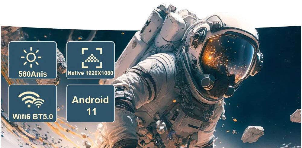 Hy350 Android?11.0v (cpu Allwinner H713) Smart Projector 2gb+32gb Dual Speaker 1080p With Dual Band Wifi6 And Bluetooth 5.0 Brightness (lumens)?580 Ansi Support 4k