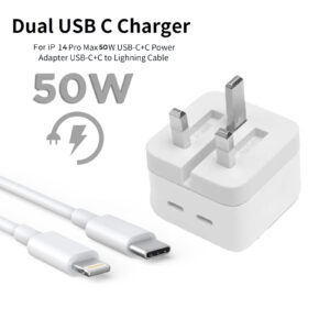 Iphone 14 Pro 3 Pin (uk Pin) 50w Usb-c+c Power Adapter With Usb-c To Lightining Cable
