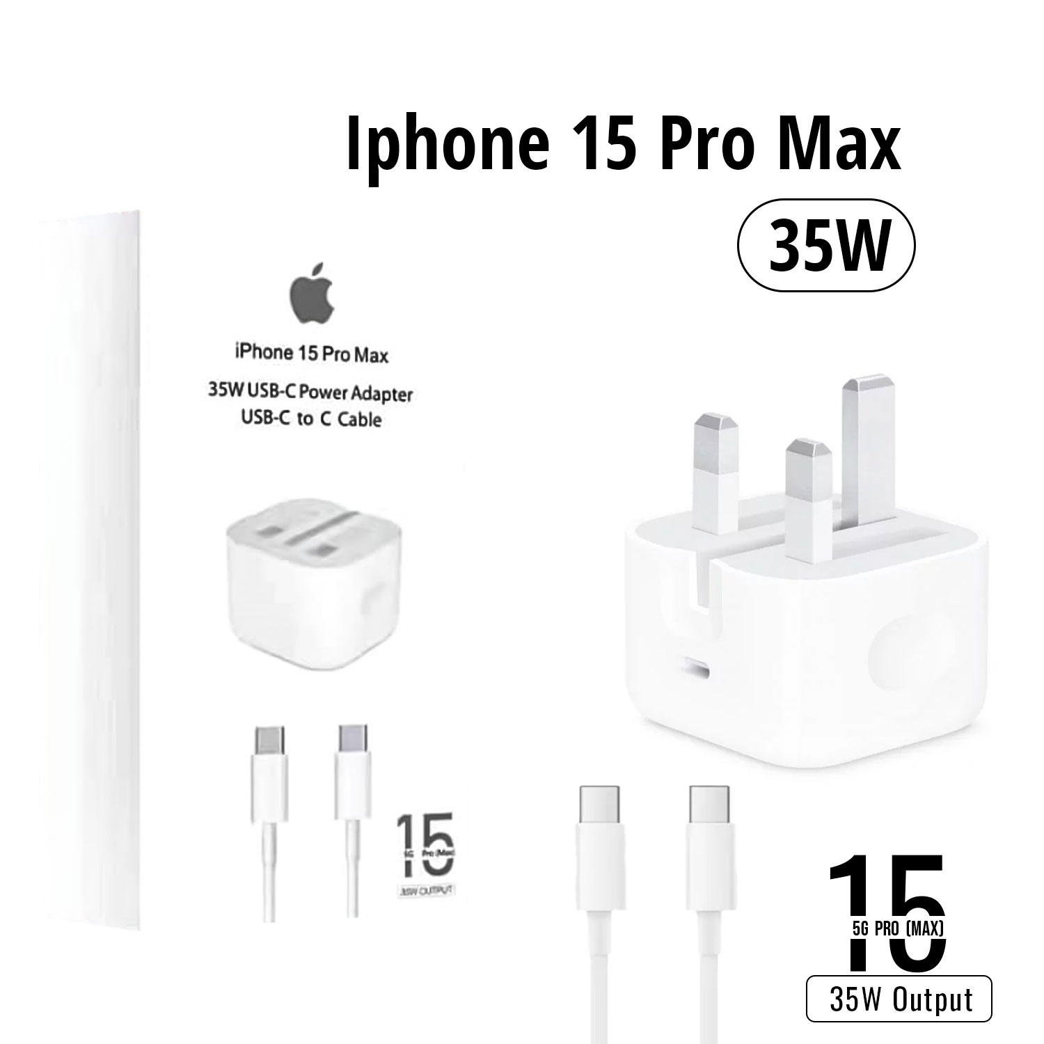Iphone 15 Pro Max 3 Pin (uk Pin) 35w Usb-c Power Adapter With Usb-c To C Cable