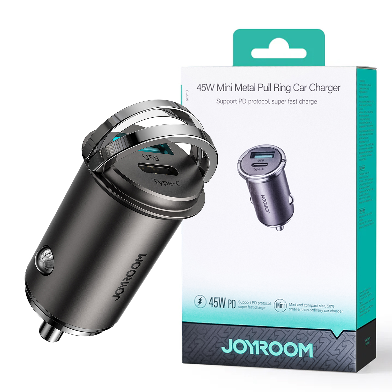 Joyroom C-a35 45w Mini Dual-port Pd+qc 3.0 Ring-pull Fast Car Charger