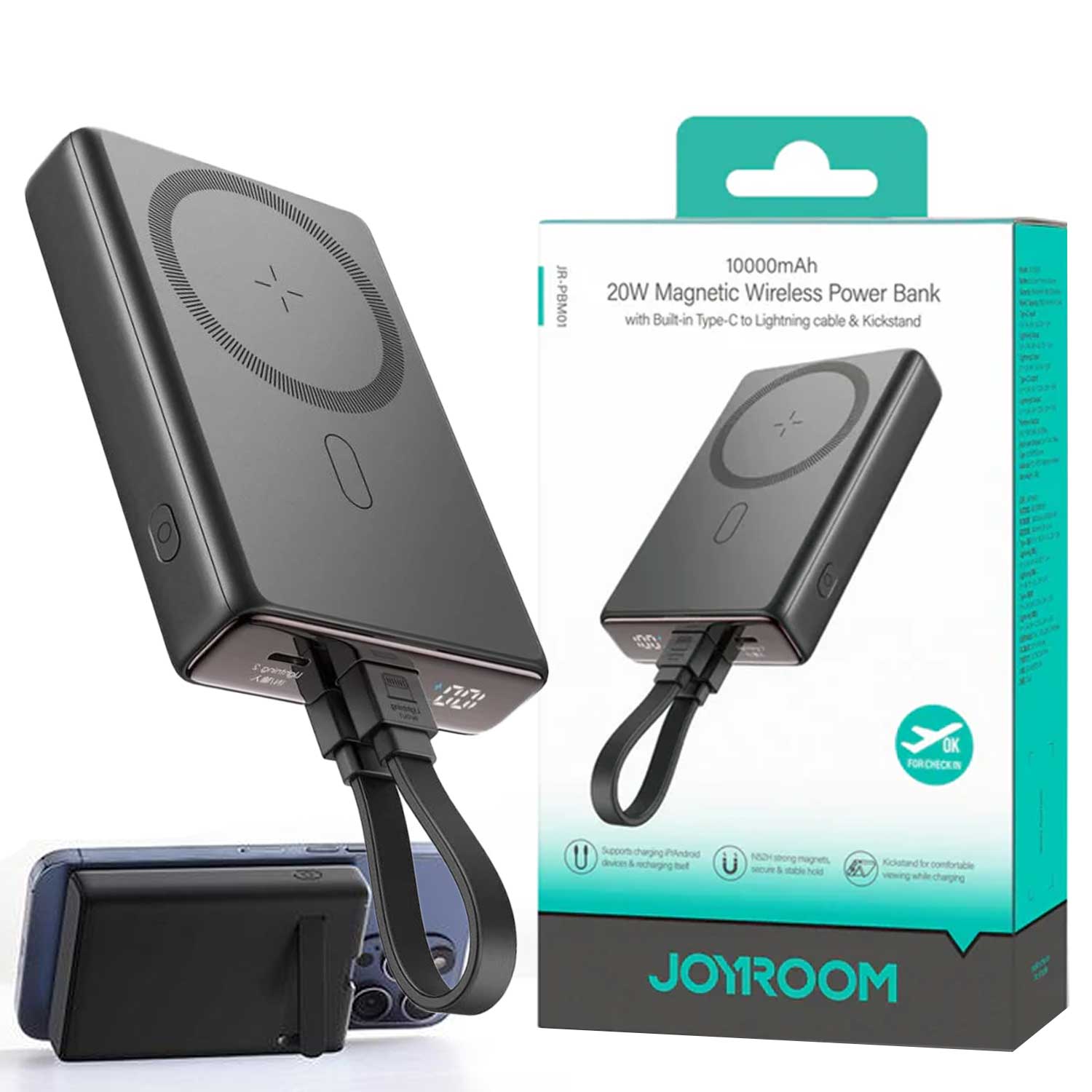 Joyroom Jr-pbm01 20w Wireless Power Bank 10000mah With Built-in Cable&kickstand Black